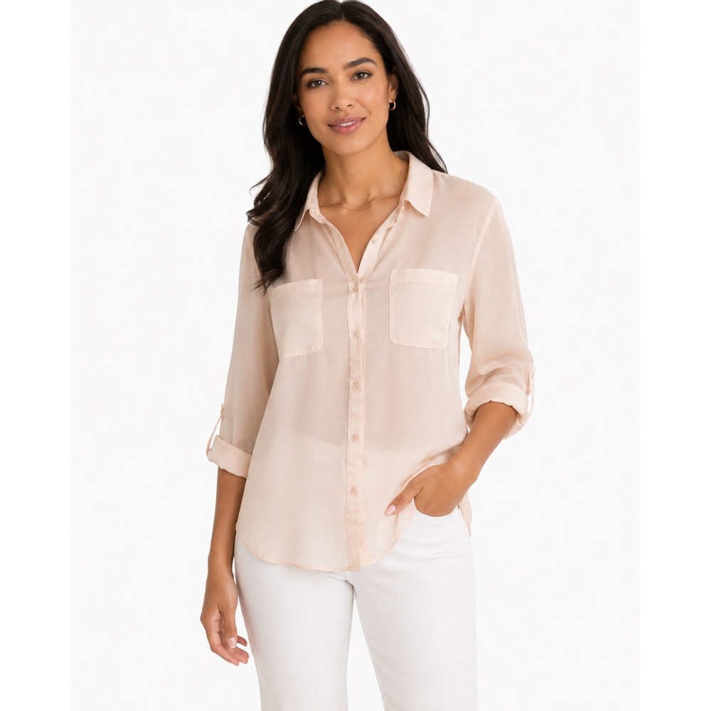 Victoria's Secret Peach Sheer Roll Tab Sleeve Button‎ Down Shirt Womens Medium